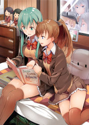 Rule 34 | 10s, 6+girls, admiral (kancolle), aqua eyes, aqua hair, blonde hair, blue eyes, bow, bowtie, breasts, brown hair, brown jacket, brown legwear, brown shorts, brown skirt, byte (allbyte), character doll, chest of drawers, commentary request, epaulettes, frilled skirt, frills, hair ornament, hairclip, hamakaze (kancolle), hat, highres, indoors, jacket, kantai collection, kashima (kancolle), kumano (kancolle), long hair, long sleeves, looking inside, mattress, medium breasts, mikuma (kancolle), mogami (kancolle), multiple girls, on bed, one eye closed, peaked cap, photo (object), pillow, pleated skirt, ponytail, prinz eugen (kancolle), reading, red bow, red bowtie, red shirt, remodel (kantai collection), rensouhou-chan, ryuujou (kancolle), school uniform, serafuku, shirt, short hair, shorts, silver hair, sitting, skirt, suzuya (kancolle), thighhighs, twintails, white shirt, window
