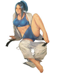 Rule 34 | 1girl, arm support, barefoot, blue hair, blue shorts, blue tank top, breasts, brown eyes, cleavage, collarbone, commentary request, covered erect nipples, dark-skinned female, dark skin, dougi, fingernails, full body, homare (fool&#039;s art), lips, lipstick, long hair, long sleeves, looking at viewer, makeup, medium breasts, navel, open clothes, original, pants, unworn pants, parted bangs, ponytail, shorts, simple background, sitting, solo, stomach, tan, tank top, thighs, toes, white background
