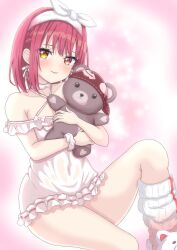 Rule 34 | 1girl, a5hio, bare shoulders, dress, heterochromia, hololive, houshou marine, looking at viewer, red eyes, red hair, short hair, solo, stuffed toy, white dress, yellow eyes