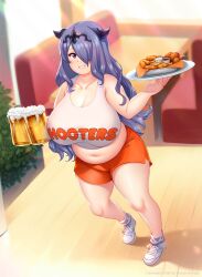 Rule 34 | 1girl, alcohol, beer, breasts, camilla (fire emblem), cleavage, cloudxmoe, fire emblem, food, highres, hooters, huge breasts, long hair, looking at viewer, navel, nintendo, plump, purple eyes, purple hair, shoes, short shorts, shorts, smile, sneakers, solo, thighs