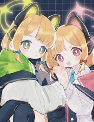 Rule 34 | 2girls, :o, animal ear headphones, animal ears, black skirt, black thighhighs, blonde hair, blue archive, blue bow, blush, bow, cat ear headphones, coat, fake animal ears, green eyes, guma amam, hair bow, halo, headphones, highres, holding hands, hood, hooded coat, long sleeves, looking at viewer, midori (blue archive), momoi (blue archive), multiple girls, off shoulder, open mouth, parted lips, pink eyes, red bow, shirt, short hair, siblings, sisters, skirt, teeth, thighhighs, twins, upper teeth only, white coat, white shirt