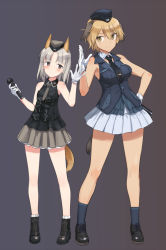 Rule 34 | 2girls, animal ears, black footwear, blonde hair, blush, boots, bow, brave witches, brown eyes, dog ears, dog tail, edytha rossmann, fox ears, fox tail, full body, garrison cap, gloves, hat, idol, idol clothes, looking at viewer, medium hair, microphone, multiple girls, necktie, shimada fumikane, shoes, short hair, silver hair, simple background, skirt, sleeveless, smile, socks, standing, tail, tan, twintails, waltrud krupinski, world witches series