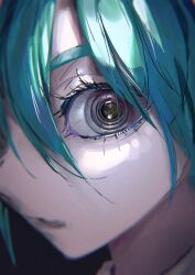 Rule 34 | 1girl, absurdres, alternate eye color, android, aqua hair, artificial eye, black eyes, blurry, camera lens, close-up, collared shirt, commentary, depth of field, english commentary, eye focus, film grain, from side, hair between eyes, hatsune miku, highres, mechanical eye, open mouth, pale skin, portrait, ringed eyes, roitz ( roitz ), shirt, solo, thick eyebrows, vocaloid, white shirt