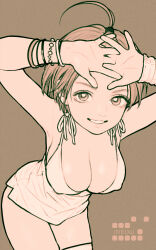 Rule 34 | 1girl, absurdres, against fourth wall, ahoge, bangle, bangs pinned back, bracelet, breasts, covered erect nipples, dress, fourth wall, grin, highres, huge ahoge, interlocked fingers, jewelry, large breasts, looking at viewer, monochrome, original, rustle, sepia, short dress, short hair, single thighhigh, smile, solo, tassel, teeth, thighhighs