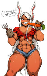 Rule 34 | 1girl, abs, absurdres, alternate costume, boku no hero academia, breasts, carrot, cowgirl outfit, dark-skinned female, dark skin, farm, farmer, female focus, gloves, highres, large breasts, long hair, looking at viewer, mirko, muscular, muscular arms, muscular female, muscular legs, rabbit ears, rabbit girl, rabbit tail, red eyes, solo, tight clothes, tools, mirko, very long hair, white hair