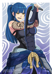 Rule 34 | 1girl, abs, black sclera, blue hair, breasts, colored sclera, commission, elbow gloves, fangs, fingerless gloves, gloves, highres, large breasts, long hair, medium breasts, mule express, muscular, muscular female, ootachi, original, ponytail, rope, sidelocks, tattoo, tribal tattoo, virtual youtuber, yellow eyes, zoe wade