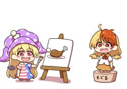 Rule 34 | 2girls, ahoge, american flag dress, bird wings, blonde hair, blush stickers, canvas (object), clownpiece, detached wings, dress, drooling, fairy, fairy wings, feathered wings, hat, highres, holding, holding paintbrush, jester cap, long hair, mouth drool, multicolored hair, multiple girls, niwatari kutaka, open mouth, orange dress, paintbrush, polka dot, polka dot headwear, purple headwear, red eyes, red hair, shirt, shitacemayo, short hair, short sleeves, simple background, smile, striped clothes, striped dress, touhou, two-tone hair, white background, white shirt, wings, yellow wings