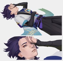 Rule 34 | 1boy, bishounen, blue hair, cowboy shot, crying, genshin impact, hand on own face, hand up, highres, japanese clothes, kudsnk, lying, male focus, multiple views, short hair, simple background, solo, tagme, white background