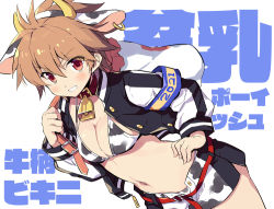 1girl, 2021, animal collar, animal ears, background text, bangs, bell, belt, bikini, black collar, black jacket, breasts, brown hair, chinese zodiac, cleavage, collar, commentary, cow ears, cow horns, cowbell, dutch angle, earrings, eguchi sera, eyebrows visible through hair, fake animal ears, fake horns, grin, hand on hip, holding, horns, jacket, jewelry, knapsack, letterman jacket, long sleeves, looking at viewer, navel, neck bell, odawara hakone, open clothes, open fly, open jacket, over shoulder, print bikini, print shorts, red belt, red eyes, saki, saki achiga-hen, short hair, short shorts, shorts, simple background, smile, solo, standing, swimsuit, white background, white bikini, white shorts, year of the ox