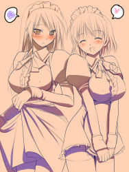 Rule 34 | 1990s (style), 2girls, alternate costume, blush, breasts, embarrassed, enmaided, closed eyes, faris scherwiz, final fantasy, final fantasy v, heart, hima, large breasts, lenna charlotte tycoon, long hair, maid, maid headdress, monochrome, multiple girls, short hair, smile, spot color, thighhighs, tray