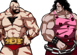 Rule 34 | 2boys, beard, black hair, chest hair, curly hair, facial hair, hugo andore, makai, male focus, mohawk, multiple boys, muscular, topless male, side-by-side, stare down, street fighter, street fighter iv (series), zangief