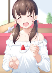 Rule 34 | 1girl, ^ ^, absurdres, bare shoulders, brown hair, closed eyes, collarbone, closed eyes, facing viewer, food, fruit, highres, holding, holding spoon, incoming food, low twintails, ochiai miyabi, off-shoulder shirt, off shoulder, open mouth, original, restaurant, shirt, solo, spoon, strawberry, twintails, white shirt