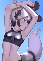Rule 34 | 1girl, absurdres, african wild dog (kemono friends), animal ears, arm over head, armpits, arms up, bikini, black hair, blue skirt, breasts, covered erect nipples, day, dog ears, dog girl, dog tail, extra ears, grey hair, highres, kemono friends, light blush, looking at viewer, masuyama ryou, multicolored hair, navel, outdoors, parted lips, purple eyes, short hair, sideways glance, skin tight, skirt, small breasts, solo, sports bikini, stomach, swimsuit, tail, two-tone hair, upper body