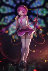 Rule 34 | 1girl, blurry, blurry background, flat chest, full body, hairband, highres, komeiji satori, looking at viewer, open mouth, panties, pink eyes, pink hair, pink skirt, sailor collar, sarena, shoes, short hair, skirt, sleeveless, solo, standing, striped clothes, striped panties, thighhighs, third eye, tongue, tongue out, touhou, underwear, white thighhighs