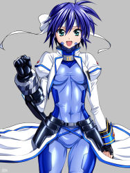 Rule 34 | 1girl, :d, ahoge, aqua eyes, armor, asymmetrical gloves, blue eyes, blue hair, bodysuit, bow, breasts, clenched hands, cosplay, covered navel, cowboy shot, cropped jacket, cross-laced clothes, facial mark, faulds, fingerless gloves, gem, gloves, grey background, hair between eyes, happy, headband, hip focus, jacket, latex, long sleeves, looking at viewer, lyrical nanoha, magical girl, mahou shoujo lyrical nanoha strikers, matching hair/eyes, mismatched gloves, nove (nanoha), nove (nanoha) (cosplay), numbers (nanoha), numbers (nanoha) (cosplay), open clothes, open jacket, open mouth, purple hair, revolver knuckle, roman numeral, sen (sansui), shiny clothes, short hair, showgirl skirt, simple background, skirt, small breasts, smile, solo, standing, subaru nakajima, takamachi nanoha, takamachi nanoha (cosplay), taut clothes, turtleneck, vambraces