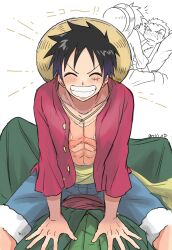 Rule 34 | absurdres, black hair, blue shorts, blush, boy on top, closed eyes, coat, couple, facial scar, green coat, haramaki, hat, hat on back, highres, long sleeves, male focus, monkey d. luffy, multiple views, one piece, open clothes, open shirt, pectoral cleavage, pectorals, red sash, red shirt, roronoa zoro, sash, scar, scar across eye, scar on cheek, scar on chest, scar on face, shirt, short hair, shorts, smile, solo focus, straddling, straw hat, sweatdrop, translated, yaoi, yayoi (yyi op), yellow sash