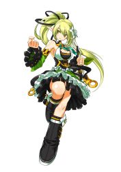 Rule 34 | 1girl, absurdres, black footwear, black ribbon, boots, breasts, cleavage, clenched hand, detached sleeves, elsword, flower, frills, full body, green eyes, green hair, hair flower, hair ornament, hair ribbon, highres, knee boots, large breasts, long hair, official art, pointy ears, ponytail, rena erindel, ress, ribbon, simple background, smile, solo, transparent background, very long hair, white background, wind sneaker (elsword)