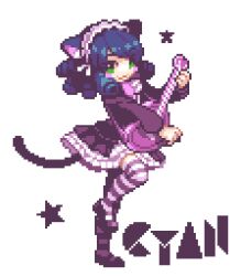 Rule 34 | 1girl, :3, animal ears, black dress, black footwear, black thighhighs, blue hair, cat ears, cat girl, cat tail, character name, closed mouth, commentary, cyan (show by rock!!), dress, electric guitar, foot up, frilled dress, frilled hairband, frills, gothic lolita, green eyes, guitar, hairband, holding, holding guitar, holding instrument, instrument, lolita fashion, looking at viewer, lowres, mary janes, moyasiwhite, music, pixel art, playing instrument, ringlets, shoes, show by rock!!, smile, standing, standing on one leg, star (symbol), striped clothes, striped thighhighs, tail, thighhighs, white background, white hairband, white thighhighs