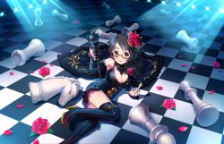 Rule 34 | 10s, 1girl, artist request, asano fuka, black-framed eyewear, black hair, board game, breasts, brown eyes, checkered floor, chess, chess piece, cleavage, detached sleeves, floor, flower, glasses, idolmaster, idolmaster cinderella girls, large breasts, lipstick, makeup, nail polish, official art, oversized object, red flower, red rose, rose, scepter, semi-rimless eyewear, short hair