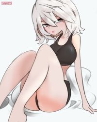 Rule 34 | alternate breast size, barefoot, black shorts, breasts, collarbone, eyebrows hidden by hair, grey eyes, greyscale, hair between eyes, highres, large breasts, looking to the side, monochrome, nier:automata, nier (series), onionsketch, original, short hair, shorts, sitting, solo, sports bra, thick thighs, thighs, white hair