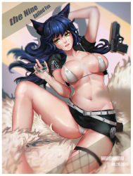 Rule 34 | 10s, 1girl, 2016, absurdres, ahri (league of legends), animal ears, arm up, artist name, belt, belt buckle, belt pouch, bikini, bikini top only, blue hair, breasts, breasts apart, buckle, collarbone, covered erect nipples, cropped jacket, cuffs, dated, english text, eyelashes, fox ears, fox tail, green eyes, groin, gun, handcuffs, handgun, highres, large breasts, league of legends, leg up, looking away, lying, navel, on back, panties, pouch, single thighhigh, solo, stomach, strap gap, swimsuit, tail, thighhighs, underwear, weapon, white bikini, white panties, wumumu