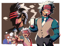 Rule 34 | ..., 2boys, absurdres, coffee, cup, facial hair, goatee, godot (ace attorney), grin, ace attorney, phoenix wright: ace attorney - trials and tribulations, hand in pocket, highres, holding, holding cup, jacket, long sleeves, male focus, mug, multiple boys, multiple views, phoenix wright, necktie, open mouth, rariatto (ganguri), red neckwear, simple background, smile, spoken ellipsis, two-tone background, vest, visor, white hair, white neckwear