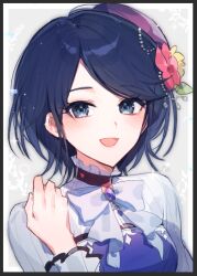 Rule 34 | 1girl, blue background, blue dress, blue eyes, blue gemstone, blue hair, blush, bow, bowtie, brooch, dress, flower, gem, hair flower, hair ornament, hand up, hat, hoshino ichika (project sekai), jewelry, long sleeves, looking at viewer, open mouth, panprika, pink flower, project sekai, purple hat, shirt, short hair, smile, solo, upper body, white bow, white bowtie, white shirt