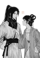 Rule 34 | 1boy, 1girl, bench, black hair, chinese clothes, duijin ruqun, flower, greyscale, hair flower, hair ornament, hair rings, hanfu, hetero, high ponytail, highres, jiaoling ruqun, long hair, long sleeves, looking at another, monochrome, original, ponytail, qiu christine, sash, simple background, sitting, white background