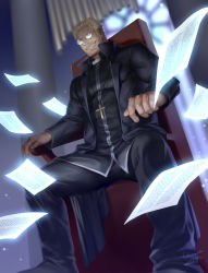 Rule 34 | 1boy, alexander anderson, bara, beard, blonde hair, chrisanother, covered abs, cross, cross necklace, facial hair, fangs, feet out of frame, glasses, glowing, hellsing, highres, jewelry, large pectorals, looking at viewer, male focus, mature male, muscular, muscular male, necklace, on chair, pectorals, priest, round eyewear, shirt, short hair, sideburns, sitting, solo, stubble, thighs, tight clothes, tight shirt