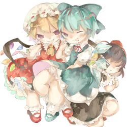 Rule 34 | 3girls, akanbe, ascot, black skirt, blonde hair, bloomers, blue bow, blue dress, blue footwear, blue hair, bobby socks, bow, camera, chigu, cirno, closed mouth, collared shirt, detached wings, dress, eyelid pull, flandre scarlet, frilled shirt collar, frilled skirt, frills, hair bow, hat, highres, holding, holding camera, ice, ice wings, large bow, looking at viewer, mary janes, mob cap, multicolored wings, multiple girls, neck ribbon, one eye closed, pinafore dress, pom pom (clothes), puffy short sleeves, puffy sleeves, red footwear, red headwear, red ribbon, red skirt, red vest, ribbon, ribbon-trimmed headwear, ribbon trim, shameimaru aya, shirt, shoes, short sleeves, simple background, skirt, skirt set, sleeveless, sleeveless dress, socks, taking picture, tokin hat, tongue, tongue out, touhou, underwear, vest, white background, white bloomers, white headwear, white shirt, white socks, wings, yellow ascot