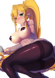 Rule 34 | 1girl, ass, black pantyhose, blonde hair, blush, braid, breasts, breasts out, censored, chocolate, chocolate on body, chocolate on breasts, chou shippai-saku, cleavage, convenient censoring, elf, food on body, green eyes, highres, large breasts, leafa, long hair, looking at viewer, lying, md5 mismatch, on side, panties, panties under pantyhose, pantyhose, parted lips, pointy ears, ponytail, resolution mismatch, solo, source larger, sweater, sword art online, thighband pantyhose, underwear, whisk