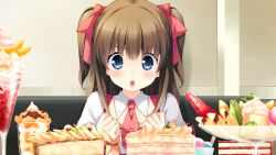 Rule 34 | 1girl, :o, berry&#039;s, blue eyes, blush, brown hair, cake, clenched hands, detached collar, food, fruit, game cg, hair ribbon, highres, houkou yuuka, open mouth, parfait, ribbon, sakura koharu, solo, sweets, two side up, waitress