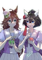 Rule 34 | 2girls, ahoge, animal ears, black hair, blue eyes, bow, bowtie, brown hair, closed mouth, crossed bangs, cup, ear covers, green eyes, hair between eyes, hair ornament, hairclip, hat, hi (ibisf5umauma), highres, holding, holding cup, horse ears, katsuragi ace (umamusume), long hair, looking at another, looking to the side, mini hat, mini top hat, mr. c.b. (umamusume), multicolored hair, multiple girls, open mouth, ponytail, popsicle stick, purple shirt, sailor collar, school uniform, shirt, short hair, short sleeves, simple background, skirt, smile, streaked hair, sweat, top hat, tracen school uniform, twitter username, umamusume, v-shaped eyebrows, watermark, white background, white skirt