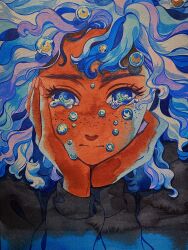 Rule 34 | 1girl, blue eyes, blue hair, expressionless, freckles, hands up, highres, long sleeves, looking at viewer, meyoco, multicolored hair, original, portrait, solo, tears, traditional media