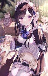 Rule 34 | 1girl, adjusting clothes, animal, apron, black dress, black hair, blush, bow, bowtie, cat, cat teaser, day, dress, ear piercing, frilled apron, frilled dress, frilled sleeves, frills, hair ornament, hairclip, highres, holding, kappe reeka, long hair, long sleeves, looking at viewer, maid, maid headdress, open mouth, original, outdoors, piercing, pink eyes, purple bow, purple bowtie, sitting, solo, sunlight, swept bangs, thighhighs, very long hair, white apron, white thighhighs, zettai ryouiki