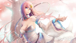 Rule 34 | 1girl, bare shoulders, blue eyes, breasts, cherry blossoms, choker, cleavage, detached sleeves, dress, gundam, gundam seed, hair ornament, lacus clyne, large breasts, lips, long hair, petals, pink hair, shawl, sky of morika, solo, strapless, strapless dress, tree, upper body