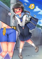 Rule 34 | 1girl, artist name, bag, between legs, black hair, blue neckerchief, blue sailor collar, blue shorts, blue skirt, blue sky, blush, breath, brown eyes, cloud, commission, cross-laced footwear, day, embarrassed, female focus, flat chest, grey footwear, hair tie, half-closed eye, hand between legs, have to pee, heart, japanese text, knees together feet apart, leaning forward, leg up, long hair, long sleeves, multiple views, navel, neckerchief, nose blush, open mouth, original, outdoors, outline, own hands together, pee, peeing, peeing self, pleated skirt, power lines, raised eyebrows, sailor collar, school bag, school uniform, serafuku, shiny skin, shirt, shoes, short shorts, shorts, shoulder bag, sidelocks, signature, skeb commission, skirt, sky, socks, speech bubble, spoken heart, spoken object, standing, standing on one leg, sweat, tears, thought bubble, toilet, translation request, trembling, twintails, twitter username, uesaki take, uneven eyes, utility pole, v arms, wet, wet shorts, white outline, white shirt, white socks