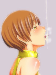 Rule 34 | 1girl, atlus, blush, breath, brown hair, bukkake, cum, cum in mouth, cum on tongue, dark persona, em (totsuzen no hakike), empty eyes, facial, female focus, gokkun, half-closed eyes, heavy breathing, open mouth, persona, persona 4, profile, saliva, satonaka chie, shadow (persona), shadow chie, short hair, simple background, solo, steam, tongue, tongue out, yellow eyes