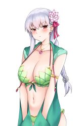 Rule 34 | 1girl, absurdres, armlet, bare shoulders, bikini, blush, bracelet, braid, braided ponytail, breasts, cleavage, collarbone, crimecrime, earrings, fate/grand order, fate (series), flower, green bikini, green vest, hair flower, hair ornament, hair ribbon, hands in pockets, highres, hood, hooded vest, hoodie, jewelry, kama (fate), kama (swimsuit avenger) (fate), kama (swimsuit avenger) (second ascension) (fate), large breasts, long hair, looking at viewer, lotus, navel, necklace, pendant, pout, red eyes, ribbon, silver hair, simple background, solo, swimsuit, vest, white background