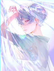 Rule 34 | 1boy, absurdres, bishounen, blue eyes, blue hair, closed mouth, curtains, highres, huge filesize, light blue hair, light particles, looking at viewer, male focus, nea (nongta2002), original, solo, transparent, upper body, water drop