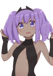 Rule 34 | 1girl, :d, alternate hairstyle, bare shoulders, black leotard, blush, breasts, collarbone, covered collarbone, dark skin, dark-skinned female, fate/prototype, fate/prototype: fragments of blue and silver, fate (series), hands up, hassan of serenity (fate), head tilt, i.u.y, leotard, open mouth, purple eyes, purple hair, simple background, small breasts, smile, solo, twintails, upper body, white background