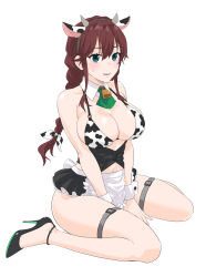 Rule 34 | 1girl, animal ears, animal print, apron, ascot, bell, bikini, black footwear, black skirt, braid, breasts, brown hair, bustier, cow ears, cow horns, cow print, cowbell, detached collar, fake animal ears, fake horns, frilled apron, frills, fugu custom, green ascot, green eyes, high heels, highres, horns, kantai collection, large breasts, noshiro (kancolle), pleated skirt, pumps, shoes, simple background, sitting, skirt, solo, stiletto heels, swept bangs, swimsuit, twin braids, two-tone bikini, waist apron, wariza, white apron, white background