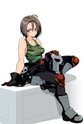 Rule 34 | 10mo, 1girl, ahoge, arm support, breasts, brown eyes, brown hair, camouflage, camouflage tank top, capcom, closed mouth, commentary request, crossed legs, full body, gloves, highres, justice gakuen, kazama akira, looking at viewer, medium breasts, short hair, sitting, smile, solo, street fighter, street fighter v, tank top