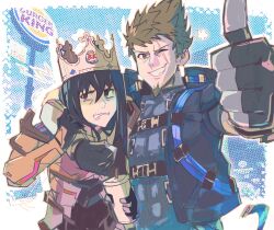 Rule 34 | 2boys, absurdres, arm around shoulder, armor, belt, black hair, blue background, blue jacket, brown hair, burger king, clenched teeth, commentary, crown, drink, drinking straw, embarrassed, english commentary, hair between eyes, highres, holding, holding drink, jacket, logo, long hair, male focus, multiple boys, n (xenoblade), one eye closed, onepointzero, open clothes, open jacket, rex (xenoblade), scar, scar across eye, short hair, smile, teeth, thumbs up, upper body, xenoblade chronicles (series), xenoblade chronicles 3, xenoblade chronicles 3: future redeemed