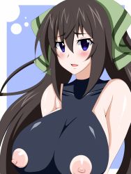 Rule 34 | 10s, 1girl, black hair, blue eyes, blush, breasts, female focus, highres, infinite stratos, long hair, looking at viewer, nippleless clothes, nipples, open mouth, ro-to, shinonono houki, smile, solo, upper body