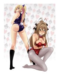 Rule 34 | 10s, 2girls, amagi brilliant park, antenna hair, ass, bare shoulders, blonde hair, blush, breasts, brown eyes, brown hair, card, cleavage, company connection, crossover, fishnet pantyhose, fishnets, hair ribbon, highres, huge ass, kawakami mai, kneeling, kyoto animation, large breasts, leotard, long hair, long legs, looking back, mole, mole on thigh, mole under eye, multiple girls, musaigen no phantom world, no shoes, one eye closed, open mouth, pantyhose, parted lips, playboy bunny, ponytail, purple eyes, rabbit tail, ribbon, sbel02, sento isuzu, shiny clothes, shiny skin, side ponytail, socks, tail