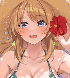 Rule 34 | 1girl, armpits, bare shoulders, bikini, blonde hair, blue eyes, blush, bow, breasts, cleavage, collarbone, dot nose, flower, green bikini, hachimiya meguru, hair bow, hair ornament, hand up, hat, hibiscus, highres, holding, holding flower, idolmaster, idolmaster shiny colors, kurokin, large breasts, long hair, looking at viewer, low twintails, open mouth, portrait, shadow, smile, solo, star (symbol), star hair ornament, straw hat, swimsuit, teeth, twintails, upper teeth only, wet