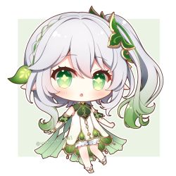 Rule 34 | 1girl, :o, bare shoulders, blush, chibi, commentary request, cross-shaped pupils, dress, full body, genshin impact, gradient hair, green background, green eyes, green hair, grey hair, hair between eyes, hair ornament, multicolored hair, nahida (genshin impact), no shoes, parted lips, pointy ears, side ponytail, sleeveless, sleeveless dress, socks, solo, stirrup legwear, symbol-shaped pupils, toeless legwear, twitter username, two-tone background, white background, white dress, white socks, yukiyuki 441