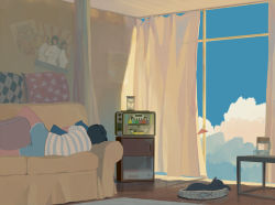 Rule 34 | ambiguous gender, aqua shorts, bangqiao yan, black cat, black hair, blue sky, cat, cloud, cloudy sky, couch, curtains, facing away, hourglass, lying, on side, original, pillow, shirt, short hair, short sleeves, shorts, sky, solo, striped clothes, striped shirt, television, window