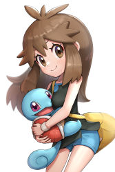 Rule 34 | 1girl, bag, brown eyes, brown hair, closed mouth, creatures (company), game freak, gen 1 pokemon, gonzarez, highres, leaf (pokemon), long hair, messenger bag, nintendo, open mouth, pokemon, pokemon (creature), pokemon frlg, short shorts, shorts, shoulder bag, simple background, smile, squirtle, white background, yellow bag